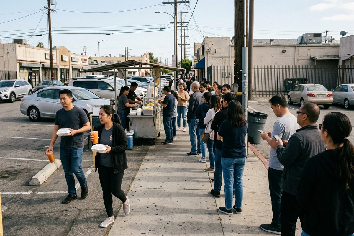 Photo illustration: A parking lot on a temple Street in Historic Filipinotown, Los Angeles, on a weekday afternoon in plain daylight: a small two-person mango sticky rice stand at the edge of the lot, and a long line of anonymous customers stretching from it along the sidewalk down Temple Street, a few near the front walking away with takeout boxes and cups of Thai tea. The photographer stands on the sidewalk near the back of the line, looking up it toward the stand, with low storefronts and power lines behind. No readable text, prices or logos anywhere in the frame.