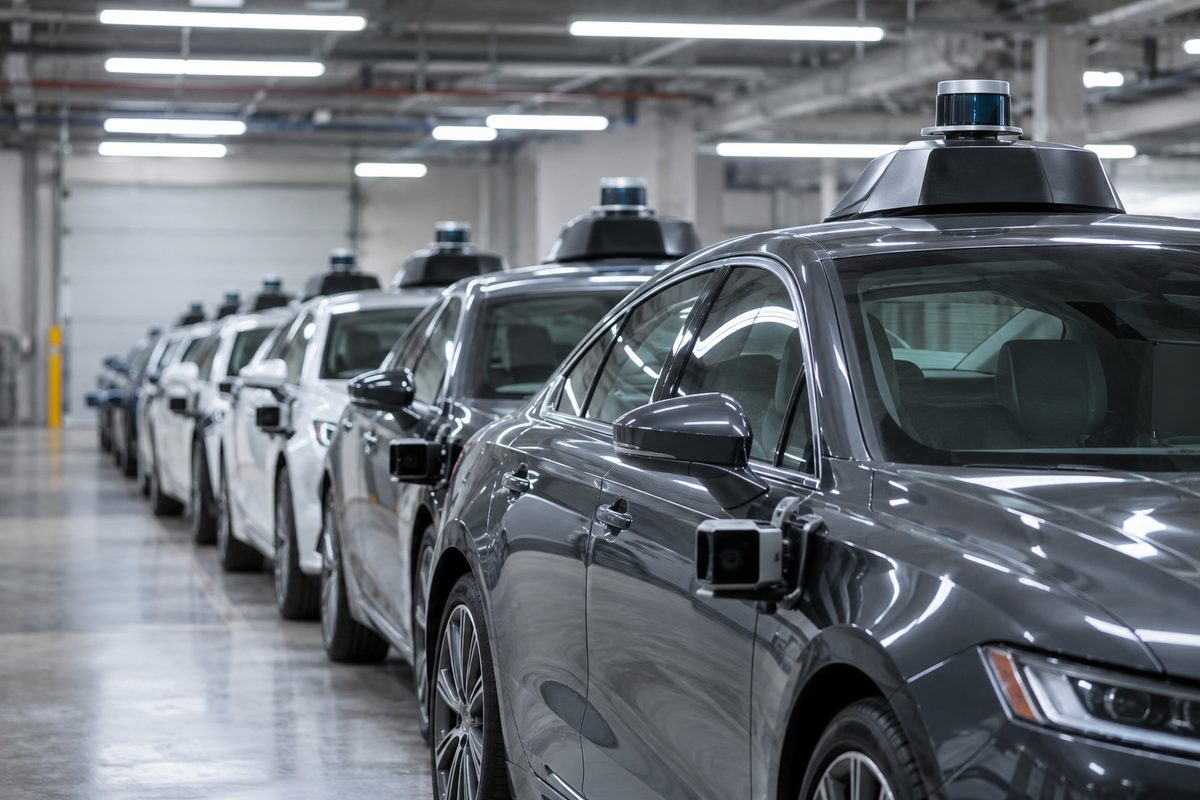 A row of parked cars with roof-mounted sensor housings under fluorescent ceiling tubes in a parking structure.
