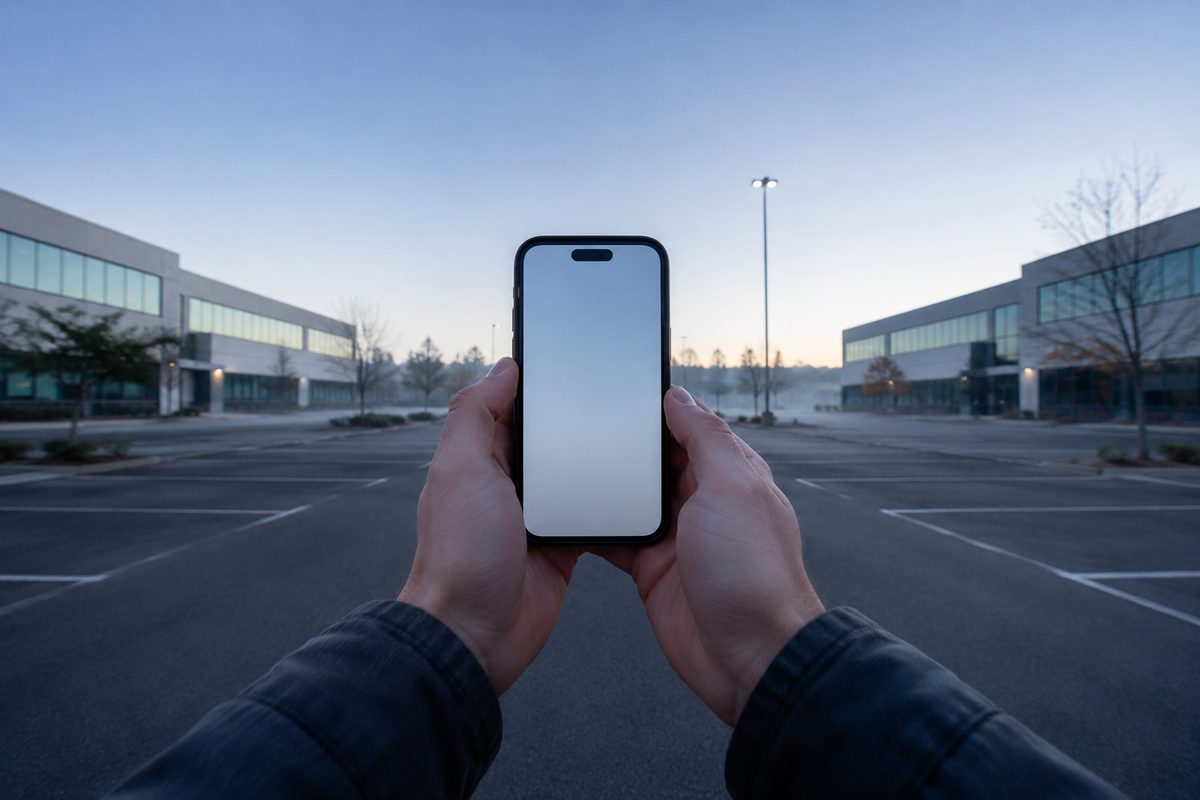 A pair of hands holding a smartphone with an unreadable screen, standing in an empty office-park parking lot at dawn.