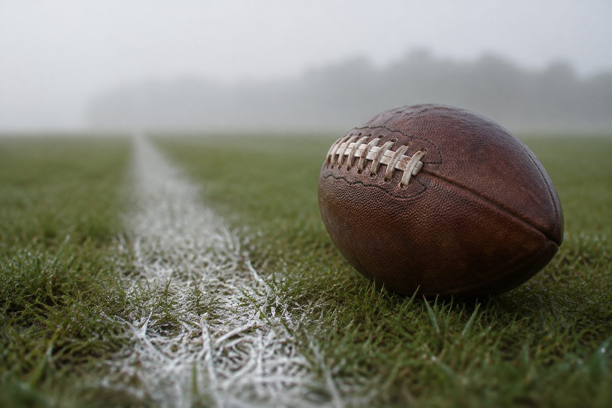 Extreme close-up of a scuffed leather football resting on damp, chalk-dusted practice-field grass in early morning haze.
