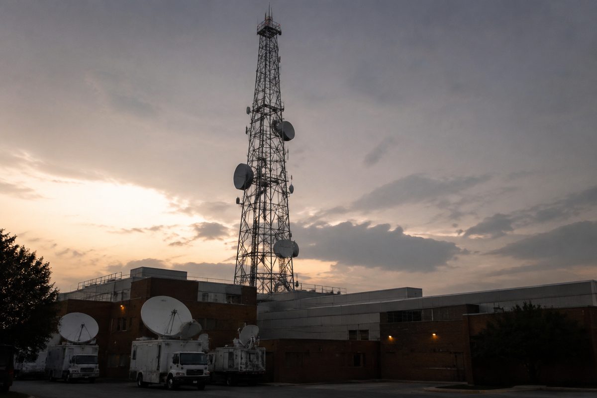 A broadcast transmission tower with microwave dishes rising above an unmarked low-rise television facility at dusk