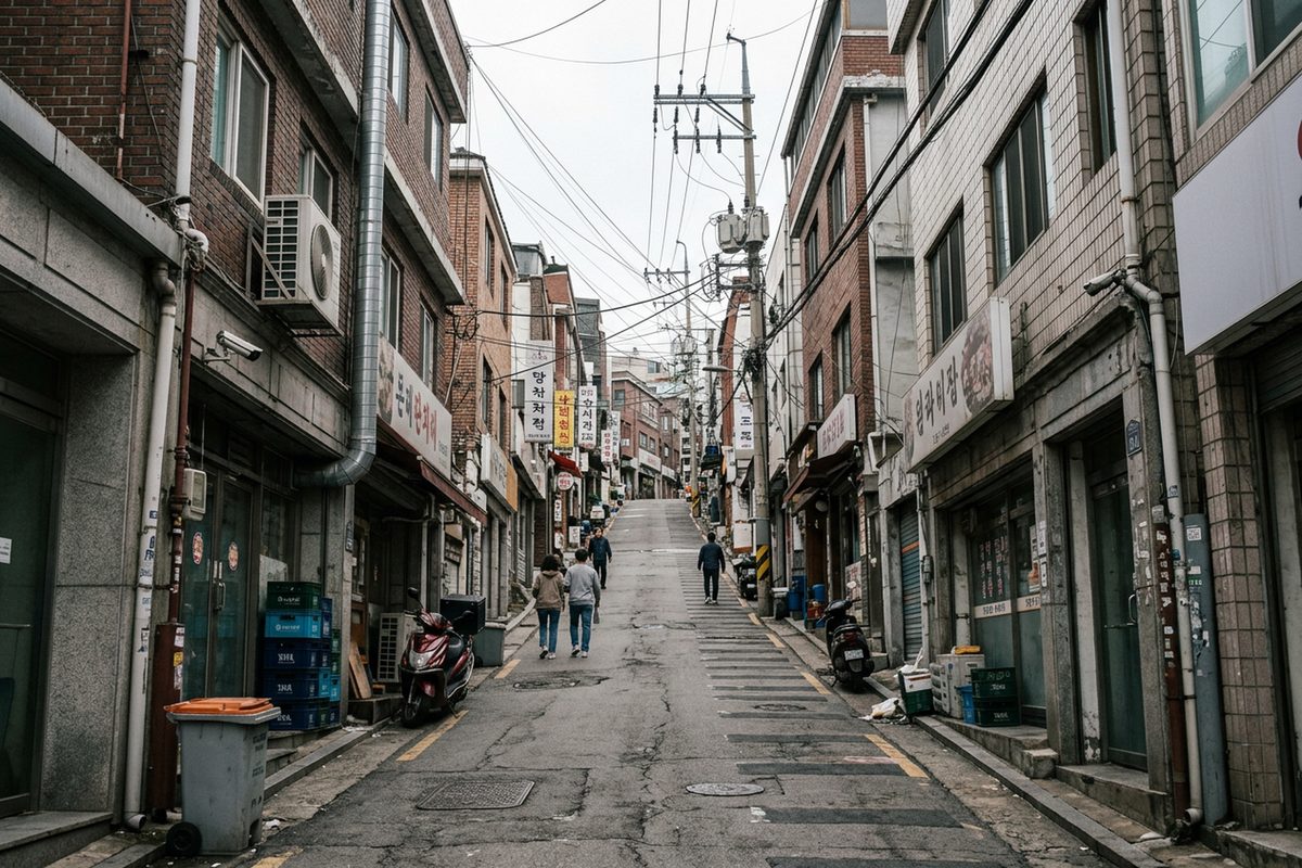 A narrow, sloping alley in Seoul's Itaewon district in flat daylight, with a few pedestrians walking through it.