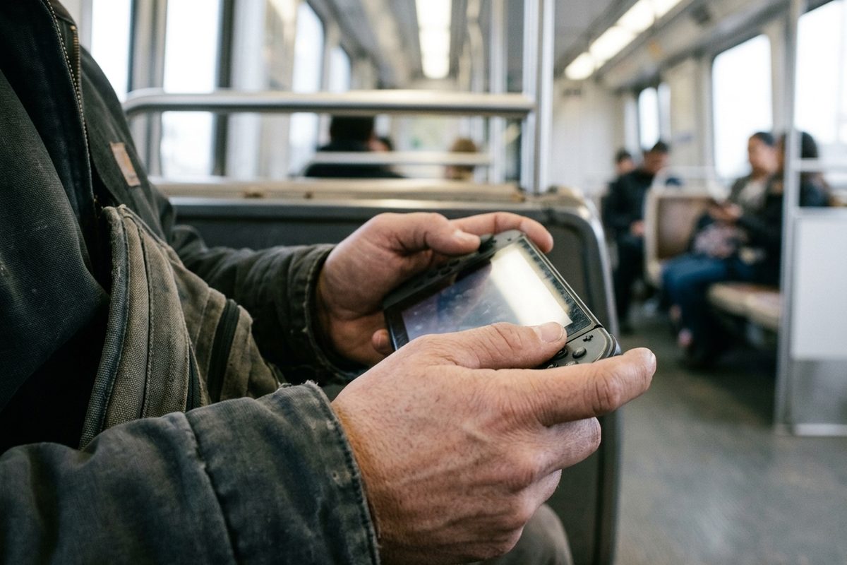 Photo illustration of a commuter's hands holding a handheld game console on a Los Angeles Metro train, the screen's glow on their fingers.