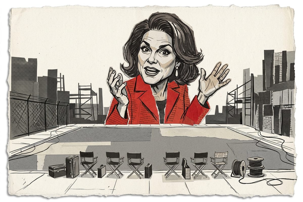 AI illustration, a drawn likeness of Tovah Feldshuh: a torn-paper collage caricature of Tovah Feldshuh, set in a row of empty folding director's chairs and stacked cable reels on a gray paved lot under flat overcast daylight, with no people in view.