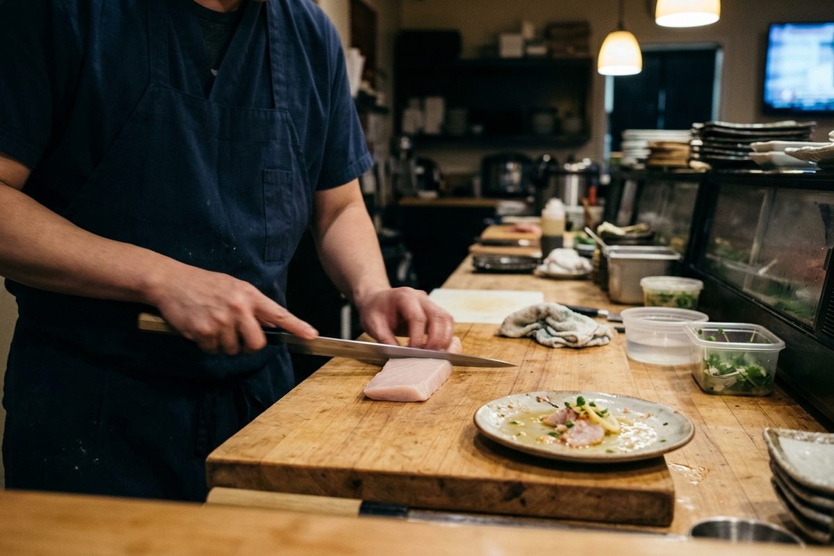 A sushi chef's hands slicing yellowtail at a counter in a small Eagle Rock restaurant in Northeast Los Angeles.