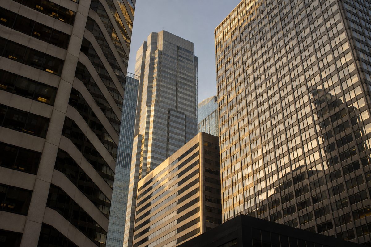 Downtown Los Angeles office towers seen from street level in late afternoon light, campaign finance and city hall lobbying subject matter.