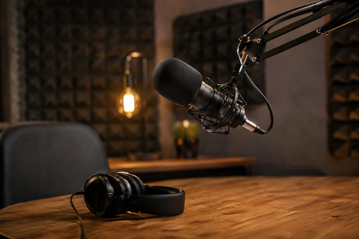 Podcast studio microphone on a boom arm in front of a soundproofed wall, with headphones resting on a desk