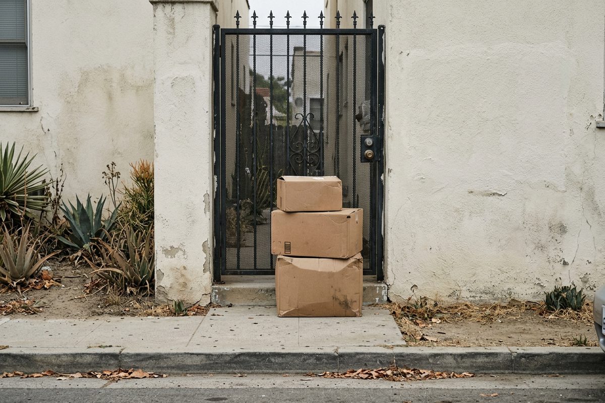 Cardboard delivery packages stacked by the front gate of a stucco duplex on a residential street on an overcast morning.