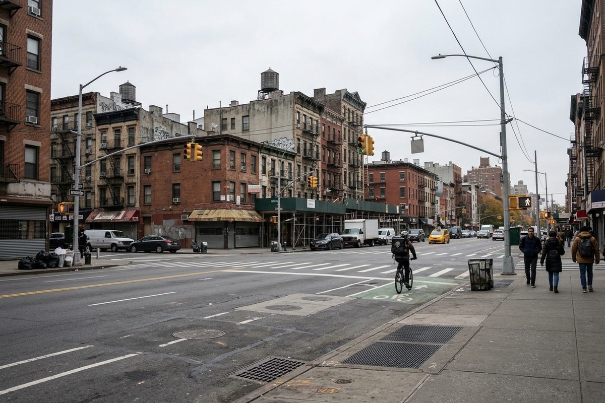 A wide view of the Bowery in Manhattan's East Village on an overcast afternoon, with pedestrians passing low brick storefronts.