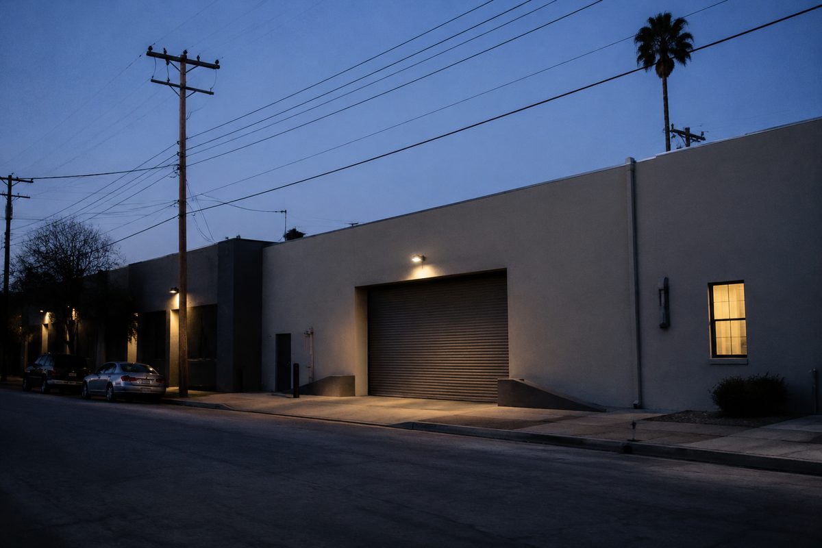 A block of anonymous low-rise studio and post-production buildings at dusk, roll-up doors closed, utility poles and overhead lines, one lit window.