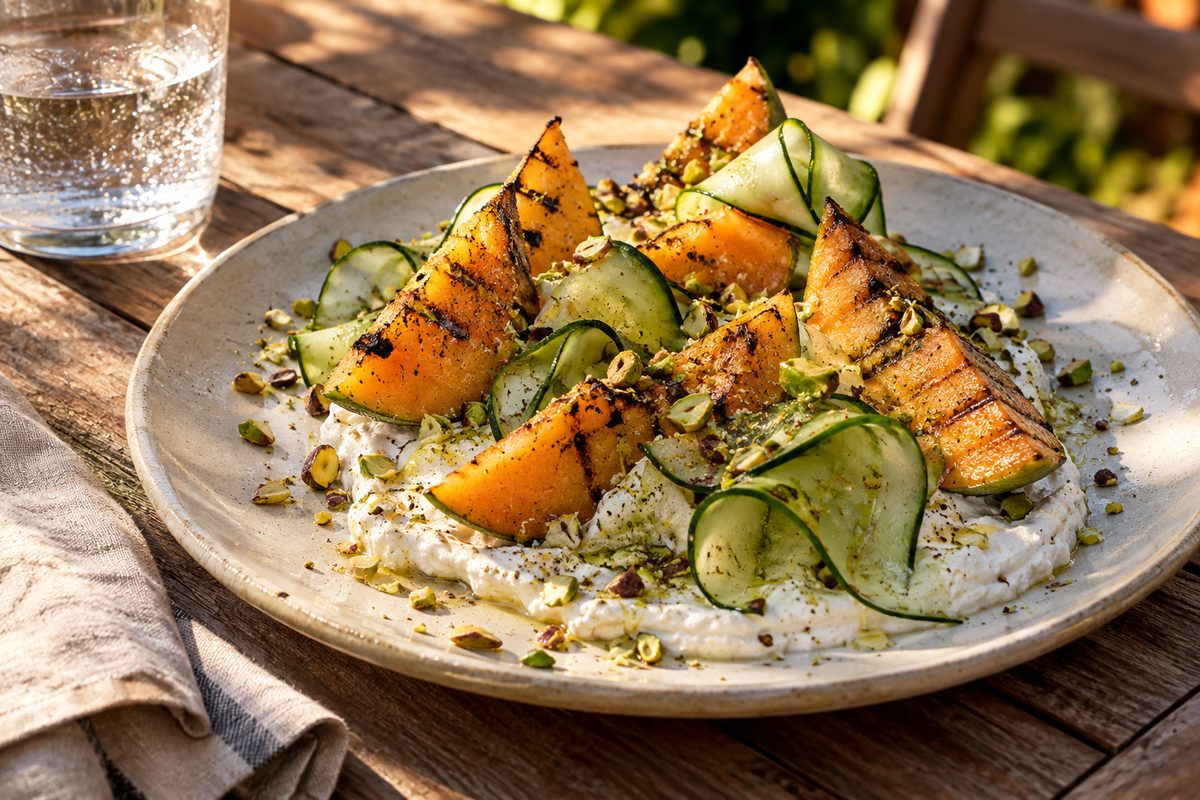 A three-quarter view of a plate of charred melon wedges and shaved cucumber ribbons over a pale cream, pistachios scattered on top, on a wooden patio table in late-day light.