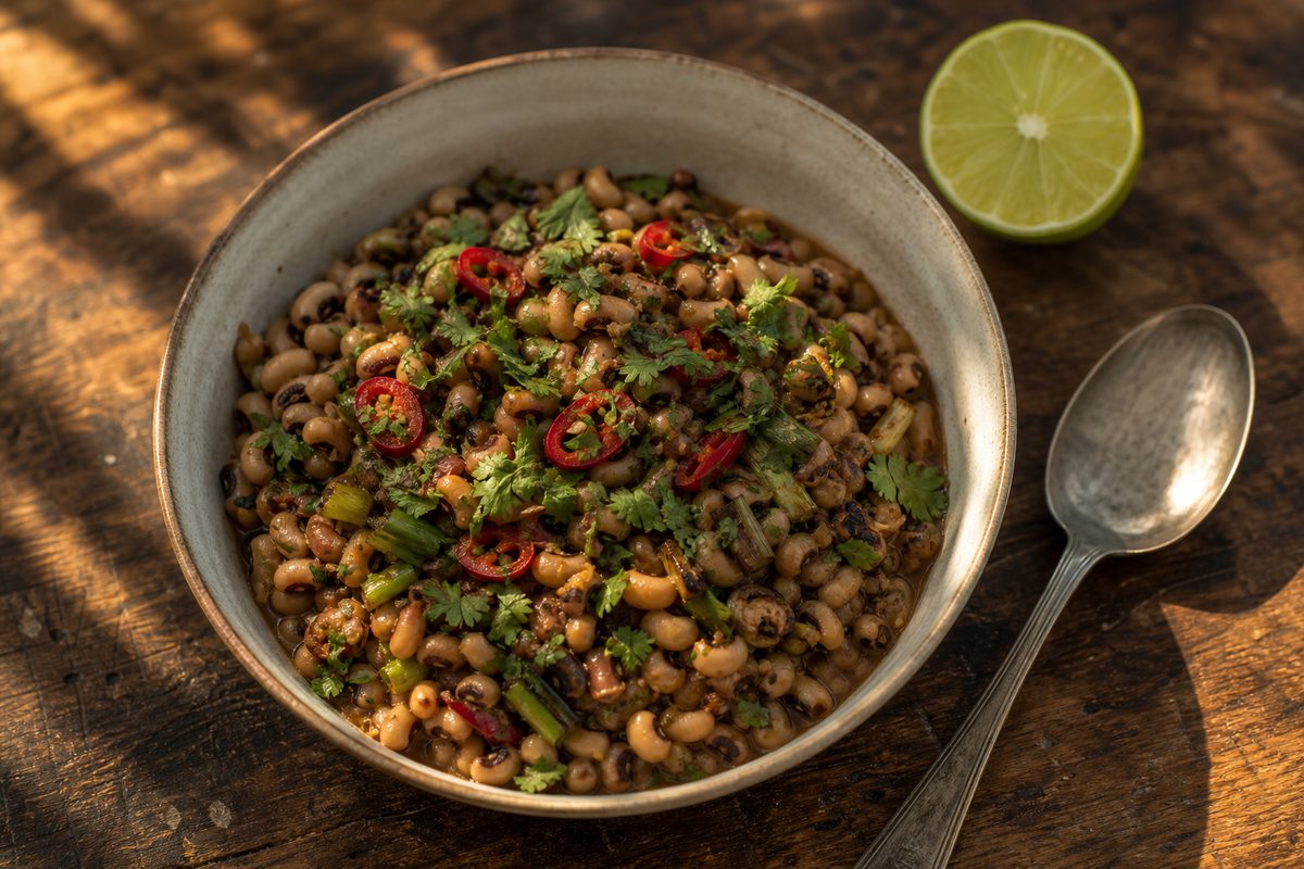 Overhead view of a shallow bowl of black-eyed peas with sliced red chiles, cilantro and a halved lime on a scratched wooden table.