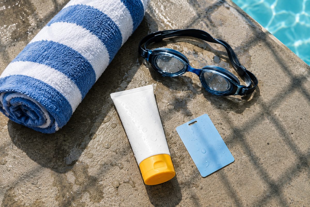 Overhead flat-lay of a rolled towel, swim goggles, sunscreen and a pool pass on wet concrete