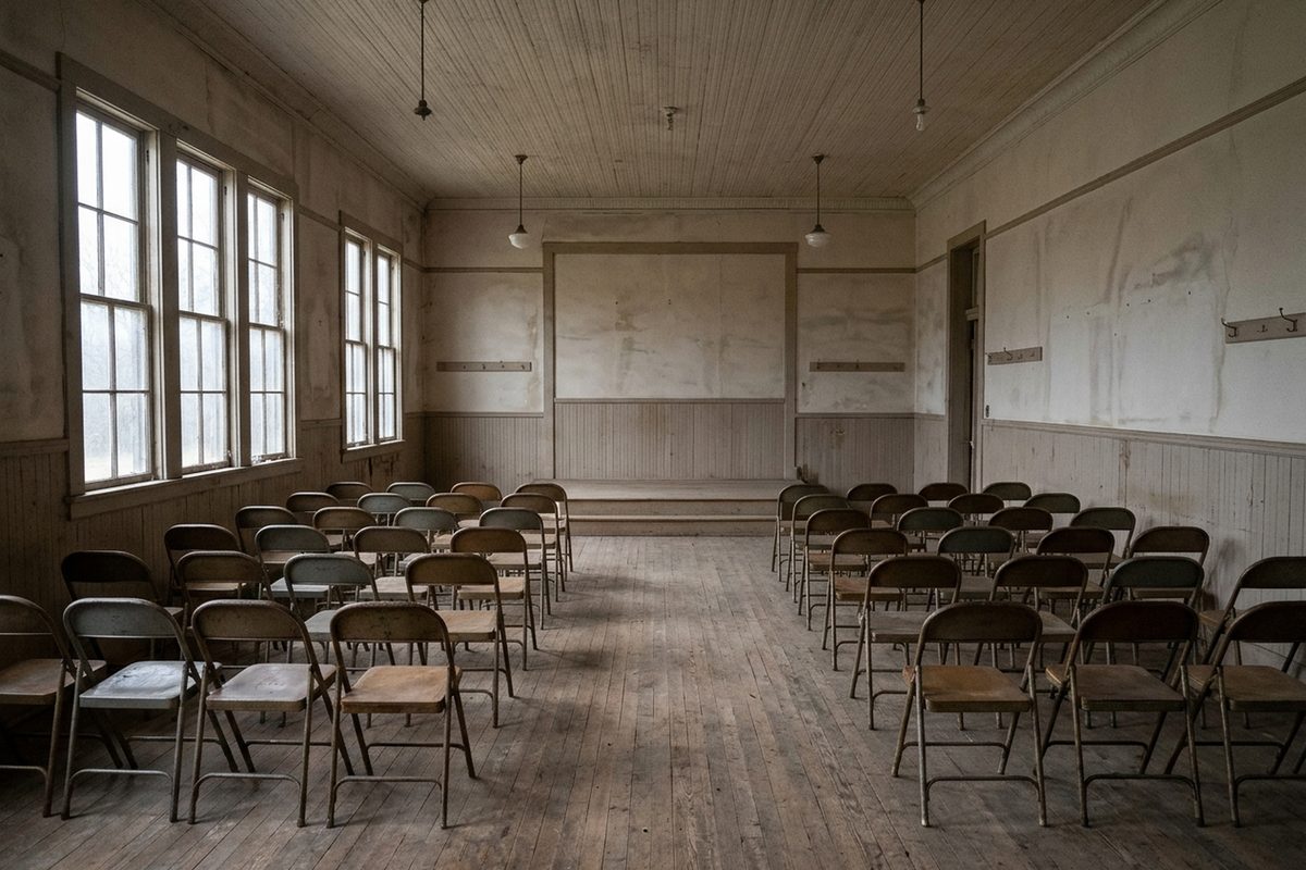 Photo illustration: The empty interior of a plain old wooden meeting hall, the kind a small religious group once gathered in. Rows of worn folding chairs face a bare raised platform at the front. Gray overcast daylight falls through tall, dusty windows along one wall, and dust lies on the scuffed floorboards. No people, and no text, signs or logos anywhere in the frame. The view is taken from the back of the hall, looking down the center aisle toward the platform.