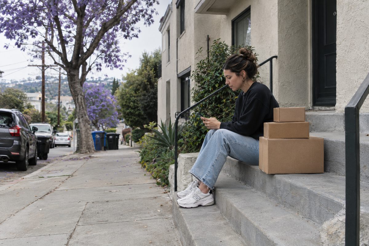 A woman sitting on the front steps of a Los Angeles apartment building scrolls her phone next to a stack of plain cardboard delivery boxes.