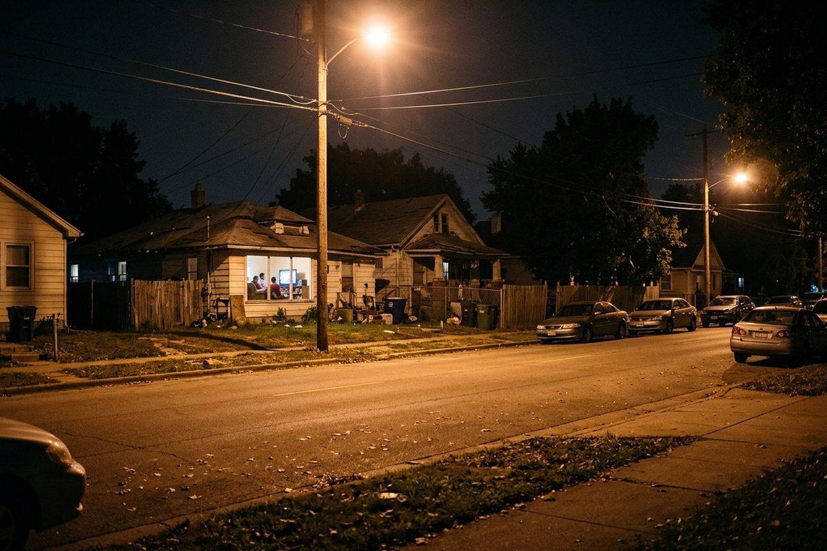 A residential street at night under streetlights, with a lit living-room window where a family sits near a TV and a small speaker on a shelf.