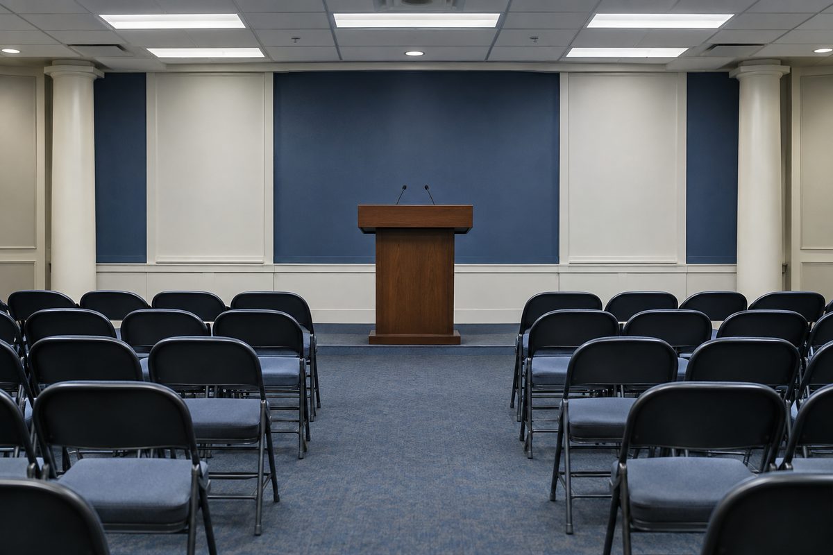 Wide view of an empty government briefing room, rows of folding chairs and a bare lectern under fluorescent ceiling light.