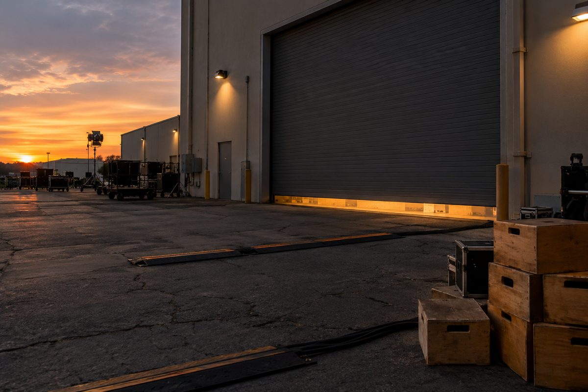 Wide view of a closed soundstage roll-up door at dusk, with an empty loading apron and cable ramps on the asphalt.