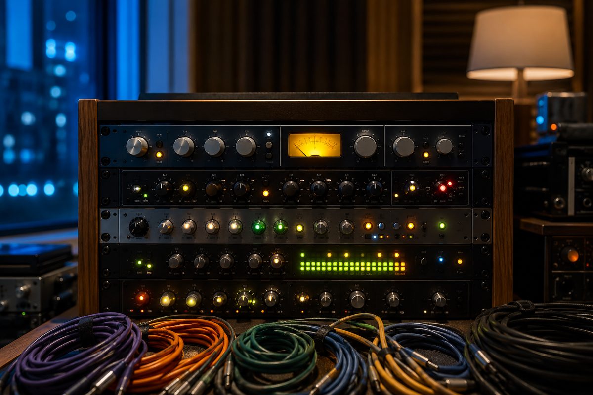 A symmetrical head-on view of a rack of audio interfaces and coiled patch cables in a dark studio room, small indicator lights glowing, no text or logos visible.