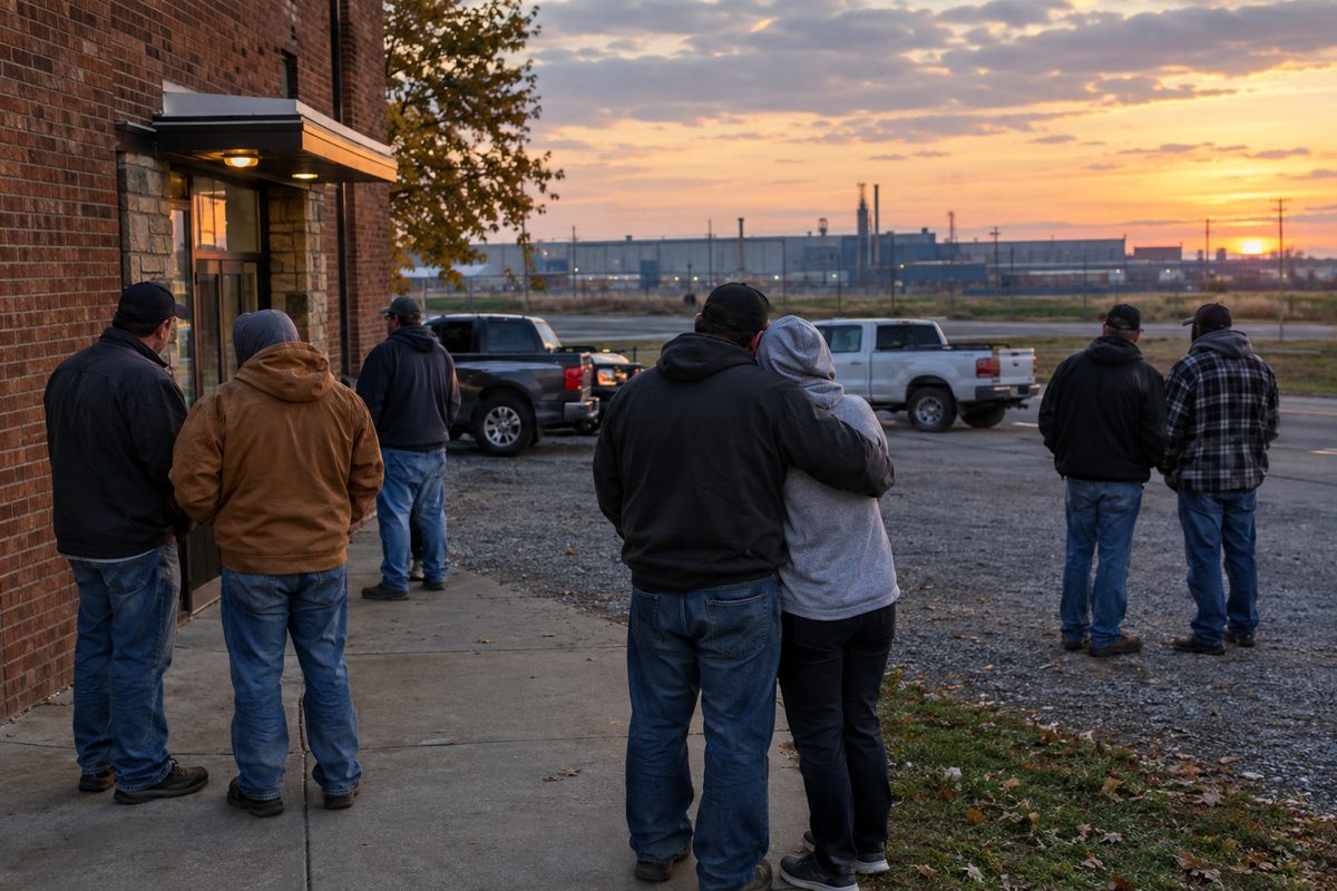 Workers in jackets stand in small groups outside a brick union hall in Springfield, Ohio, at dusk, with a factory parking lot in the background.