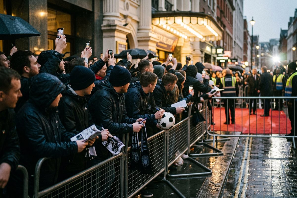 Soccer fans in raincoats crowd behind barriers outside the London Palladium on a wet evening for the Ballon d'Or ceremony.