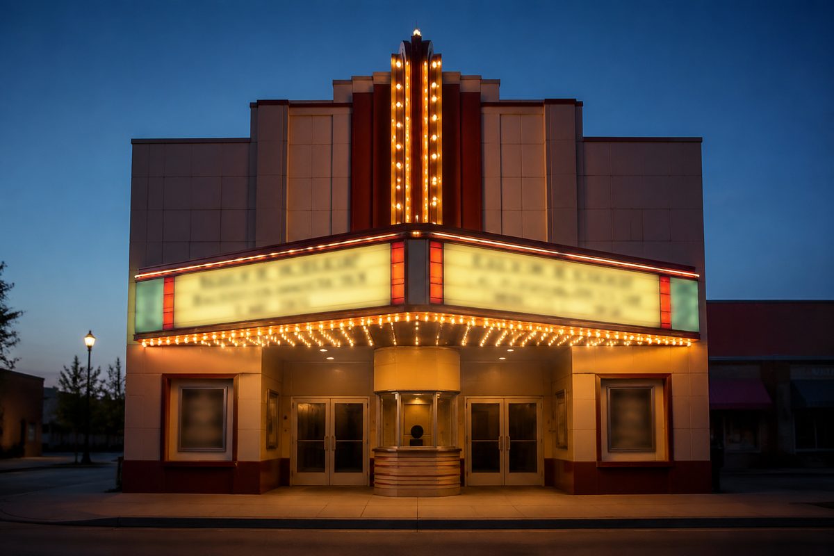 A small-town cinema marquee at dusk, its lettering unreadable, bulbs lit against a blue evening sky.