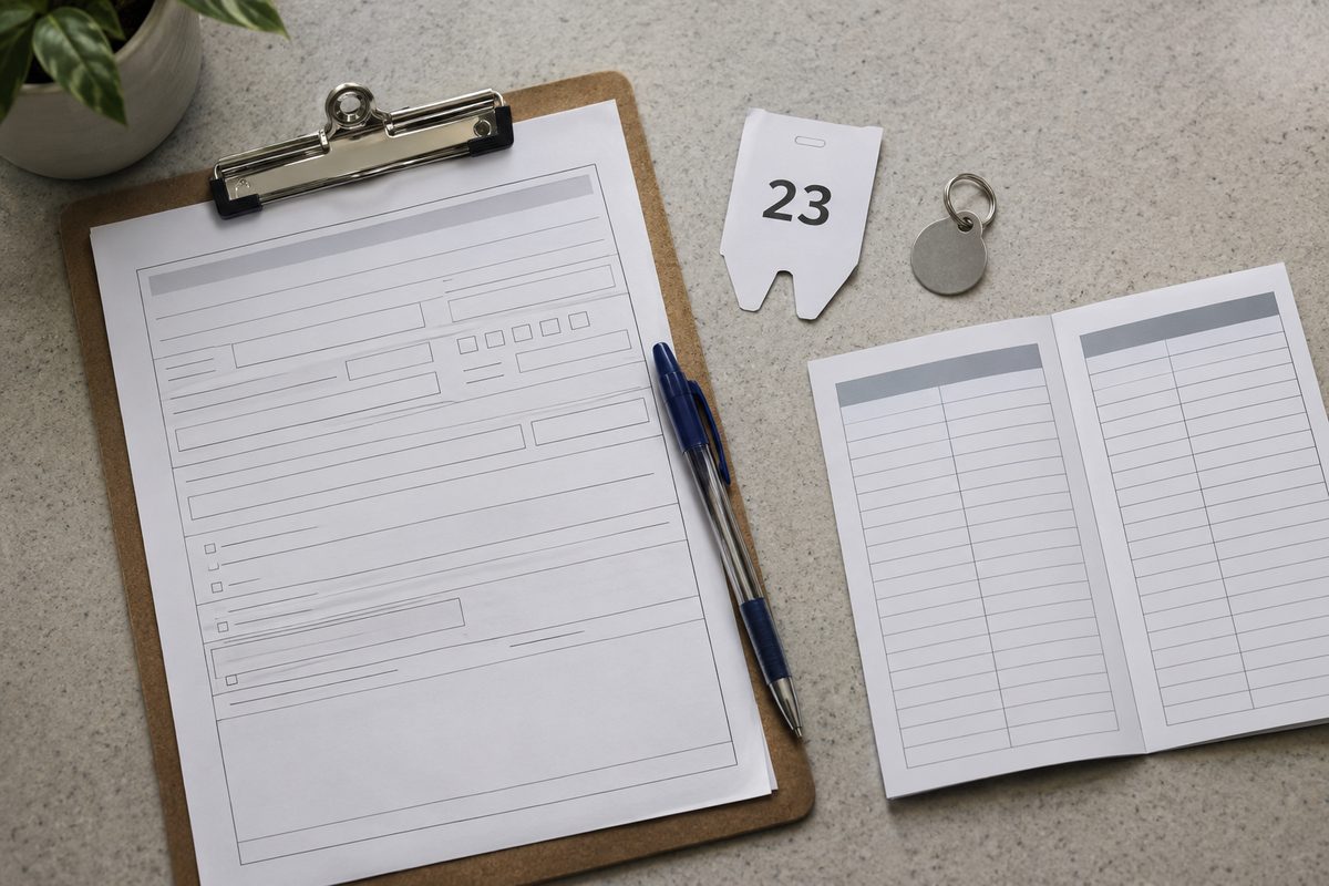 Photo illustration: Overhead flat-lay, neutral daylight, no people and no animals: a blank adoption application form on a counter, a clipboard, a ballpoint pen, a numbered paper queue ticket, a plain metal pet tag on a split ring, and a folded fee schedule printed in two columns. No legible names or figures, no seasonal tells.