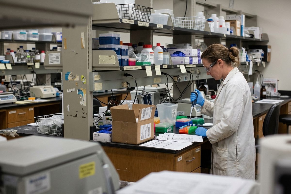 A lab technician in blue gloves fills a rack of sample tubes at a crowded bench in a contract research lab in Cambridge, Massachusetts.