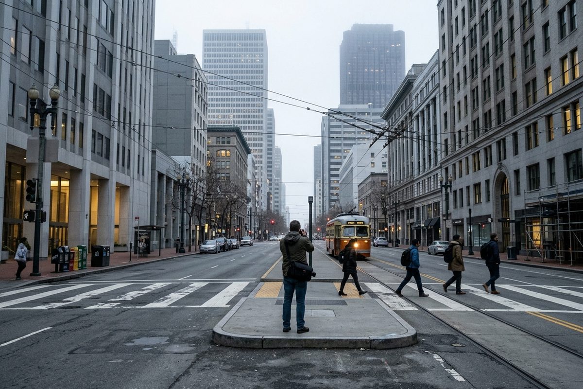 Commuters cross Market Street in San Francisco's Financial District under a gray dawn sky, the day Anthropic filed its IPO S-1.