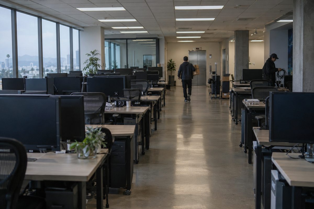 Photo illustration of a person carrying a cardboard box past rows of empty desks in a Los Angeles office, evoking game studio layoffs.