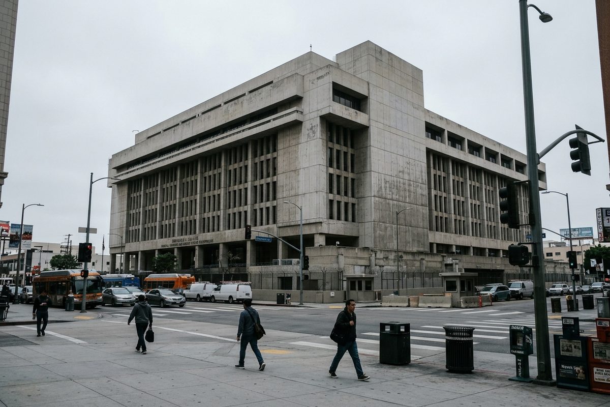 Pedestrians walk past a federal building in downtown Los Angeles on an overcast morning.