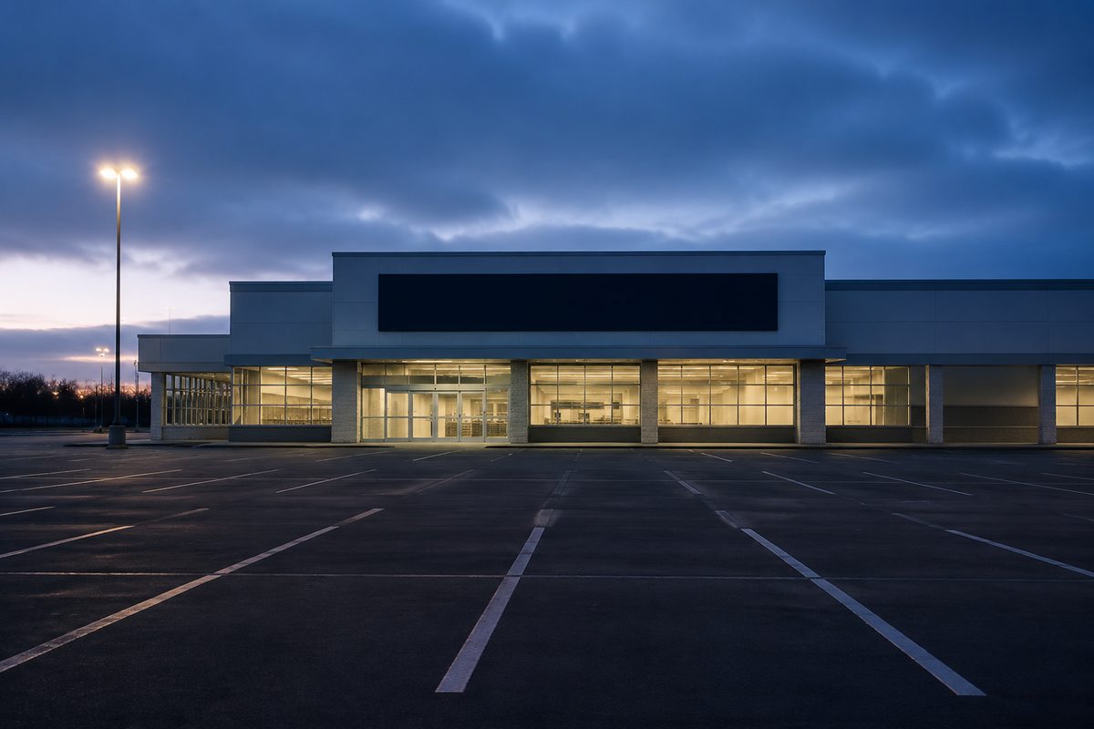 A long-lens view across an empty parking lot at dawn toward an anonymous glass-fronted electronics store with unreadable signage.