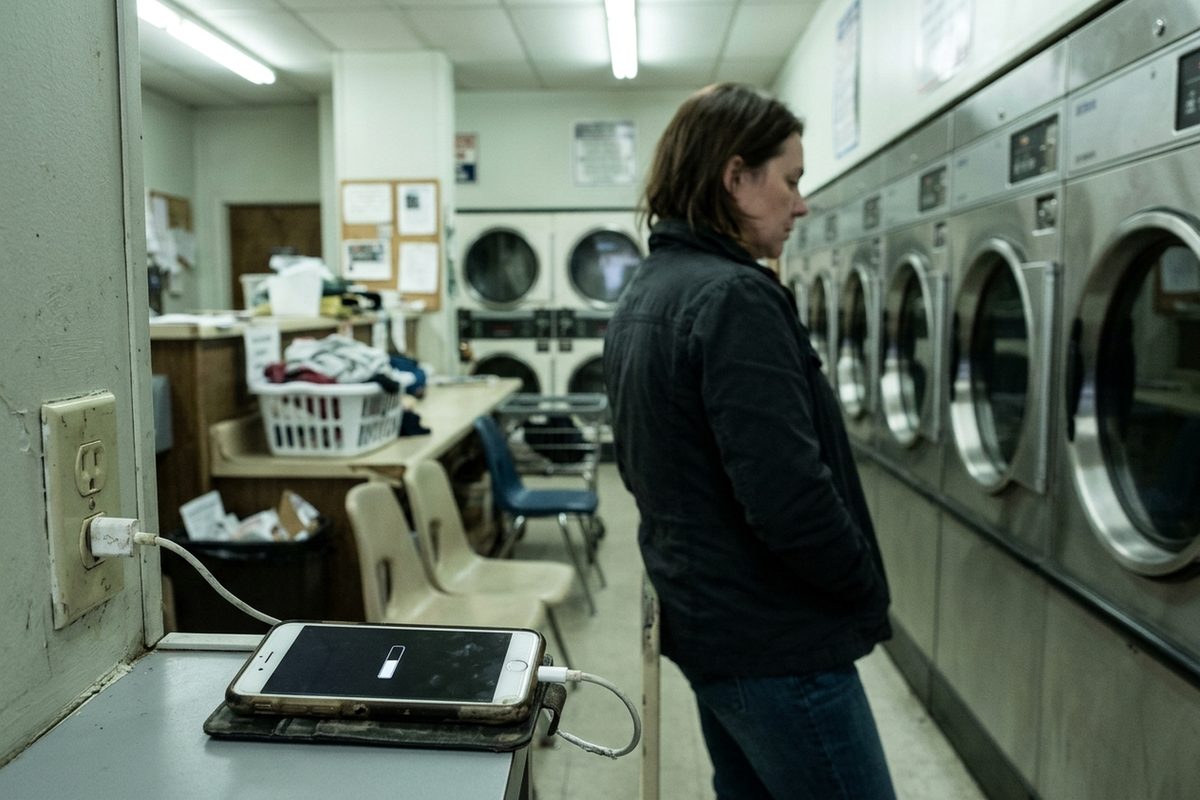 A woman in a fluorescent-lit laundromat waits by a dryer while an older smartphone plugged into the wall shows a software update progress bar.
