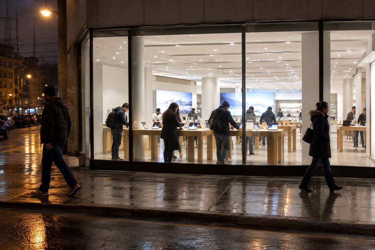 Seen at night from across the sidewalk, a glass-fronted electronics store where a few shoppers lean over long tables lined with small tablets as people walk past under streetlights.