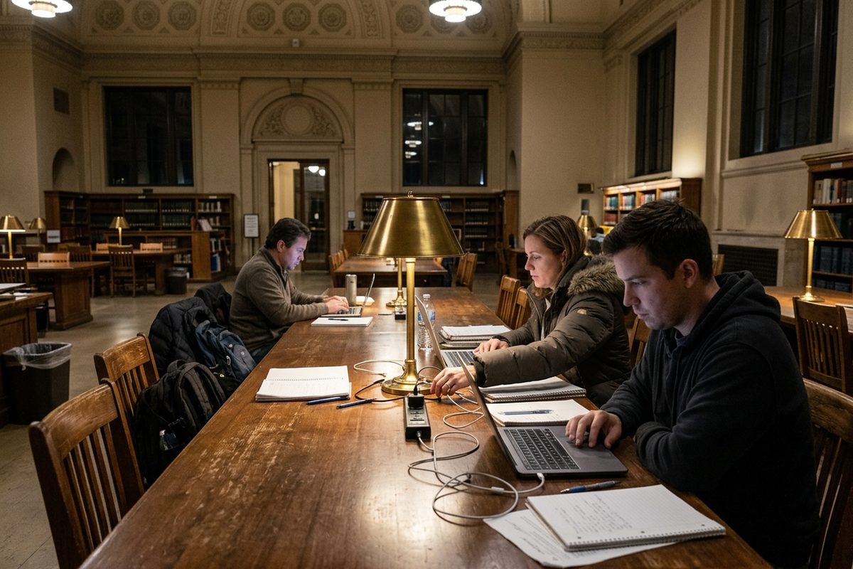 People working on plain silver and black laptops at a long wooden table in a Los Angeles library reading room at night, lit by table lamps.