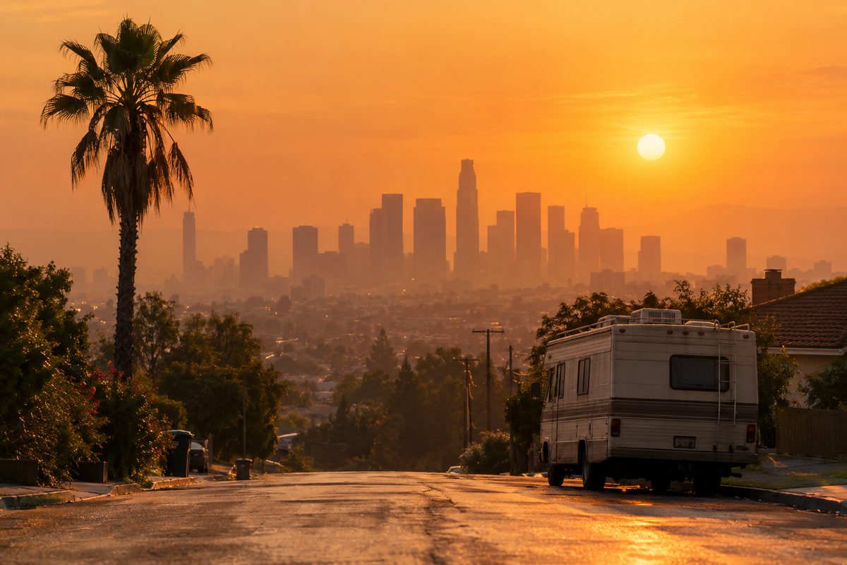 Photo illustration: A painterly view of Los Angeles at dusk in late-summer heat: the downtown skyline hazy under a hot orange sky, a dry palm and a parked RV on a residential street in the foreground, heat shimmer on the asphalt, no text, no logos, no recognizable people