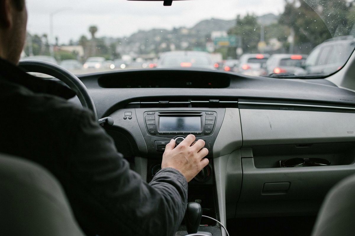 A driver's hand turns a car stereo knob while stopped in Hollywood freeway traffic on an overcast afternoon, illustrating GTA VI radio stations.