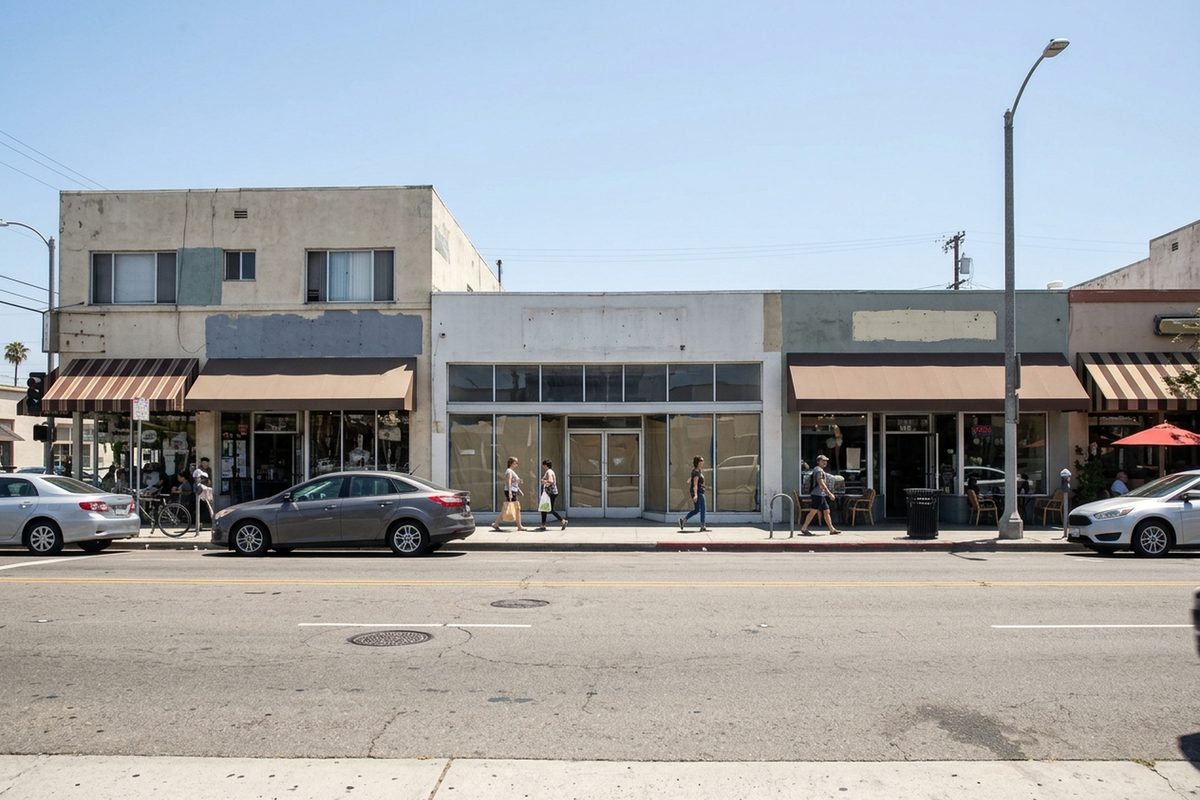 A row of low storefronts on East 2nd Street in Belmont Shore, Long Beach, with people walking past at midday.