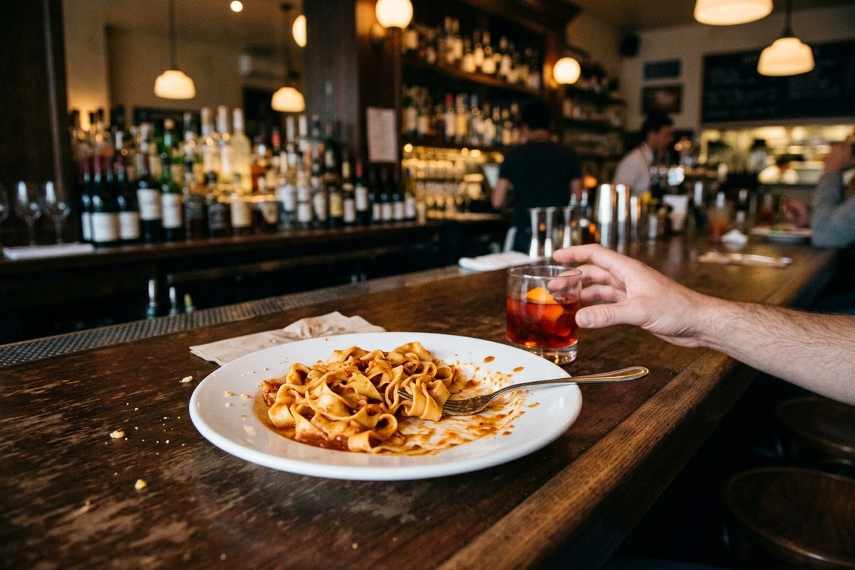 A plate of handmade pasta half eaten next to a red cocktail on a bar counter at an Italian bar on Main Street in Santa Monica.