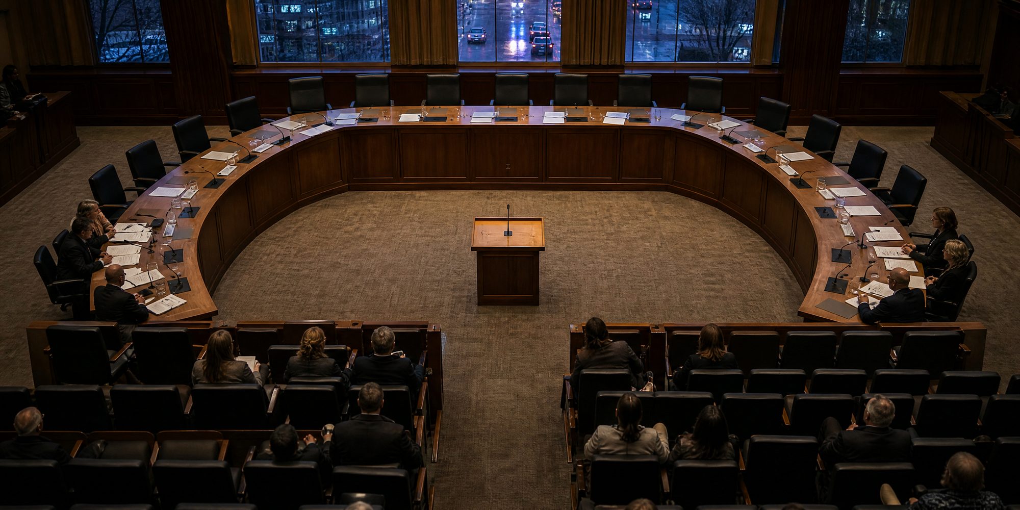 Overhead view of a public hearing room at dusk, a horseshoe table with several empty seats, agenda papers and water cups, a few seated figures seen from above.