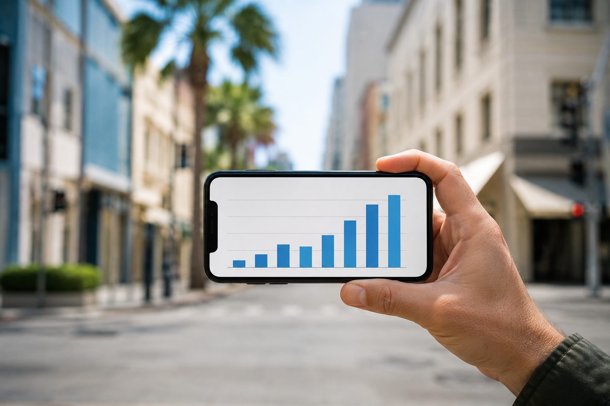 An anonymous hand holds a smartphone displaying a generic bar chart on a screen, with an out-of-focus city street behind it