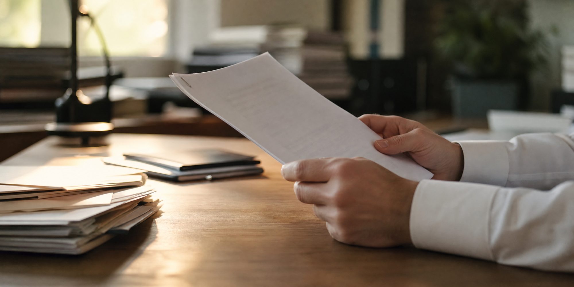 Close-up of hands holding a stapled legal filing on a desk, the text out of focus and unreadable.