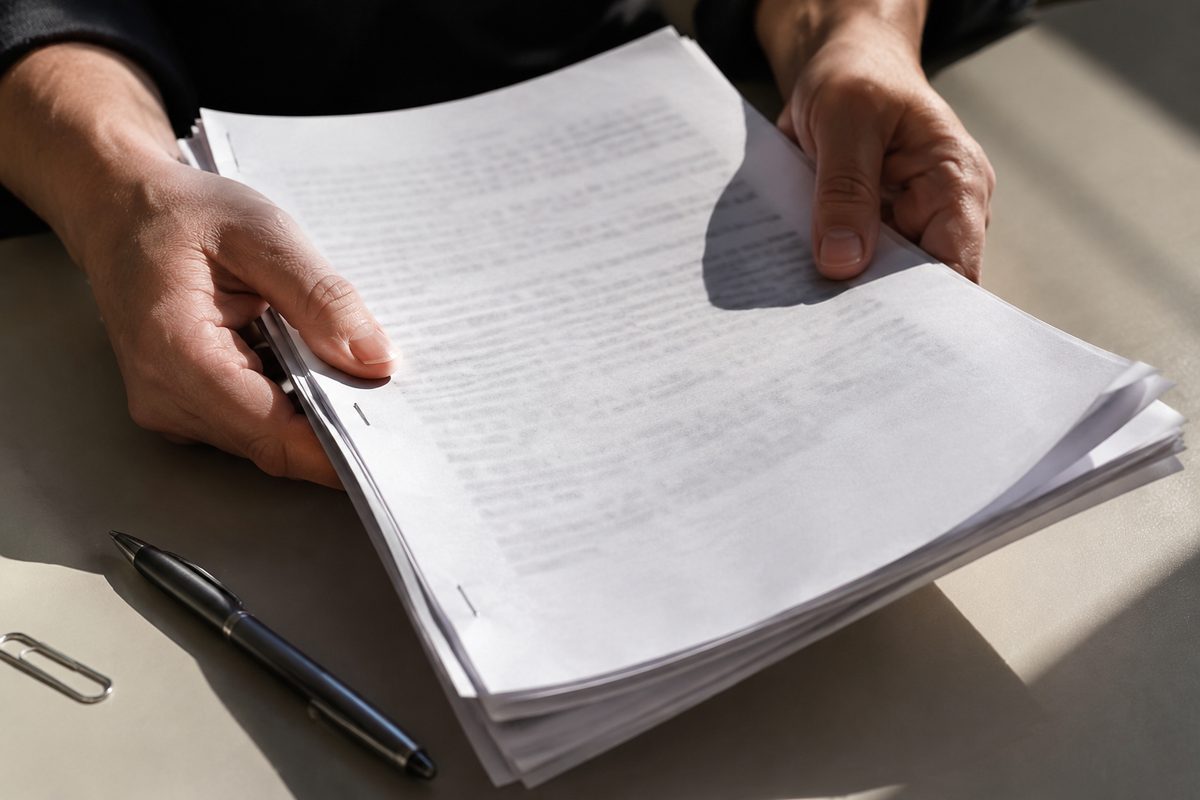 Close-up of hands holding a stapled legal filing on a desk, the text out of focus and unreadable.