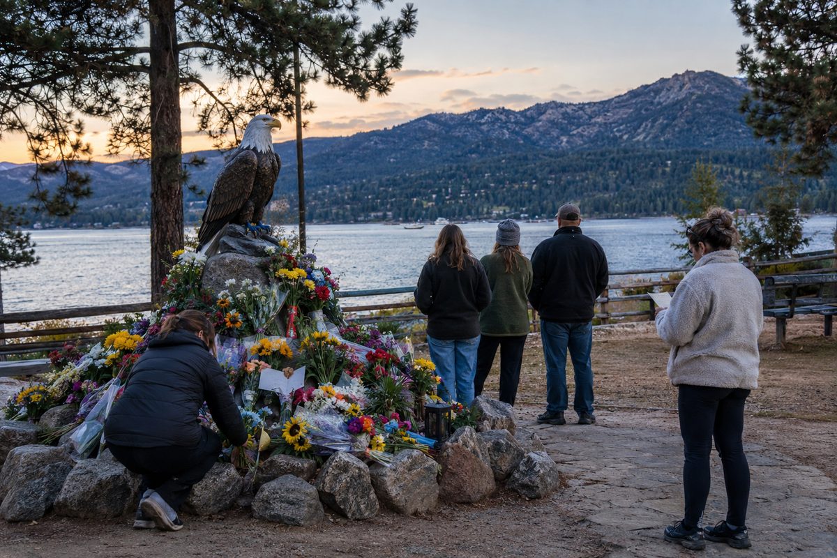 People in jackets read handwritten notes and lay flowers at a memorial under pine trees in Fawnskin, Big Bear, in early evening light.