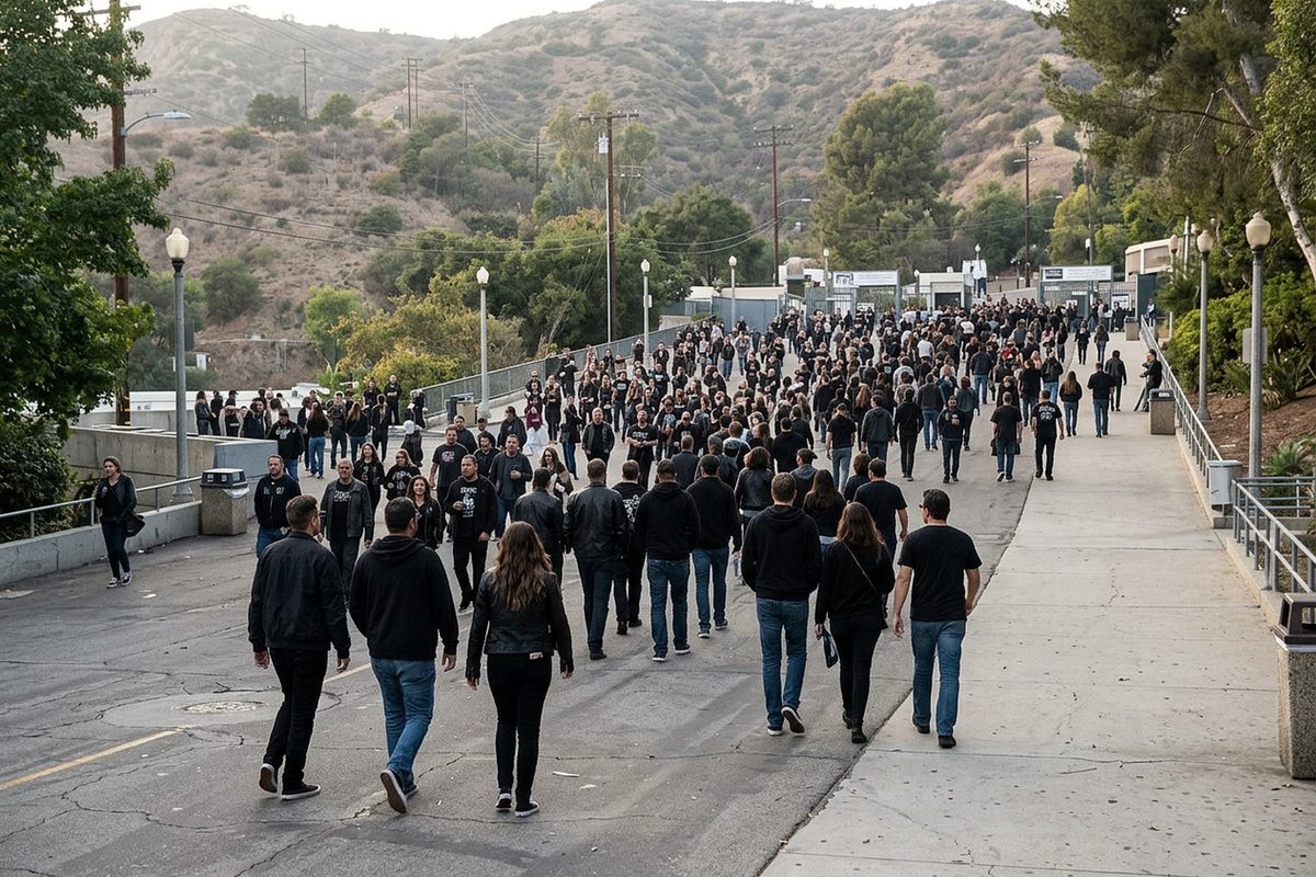 Concertgoers walking up the entrance plaza toward the Hollywood Bowl in late-afternoon light before a My Chemical Romance show.