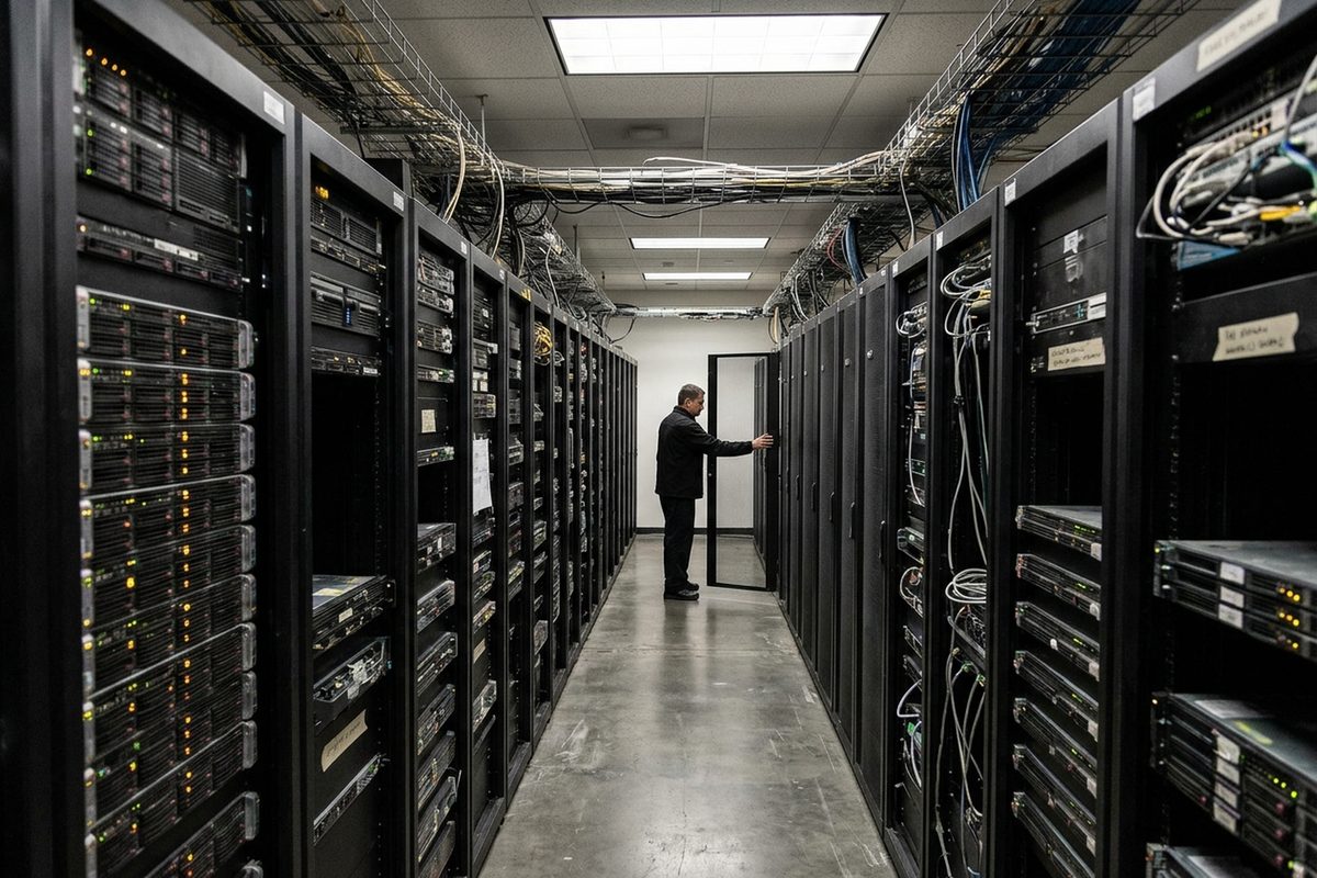 A long fluorescent-lit server aisle in a data center, with a technician in profile checking a rack, illustrating the record $6.3 billion Binance crypto hack.