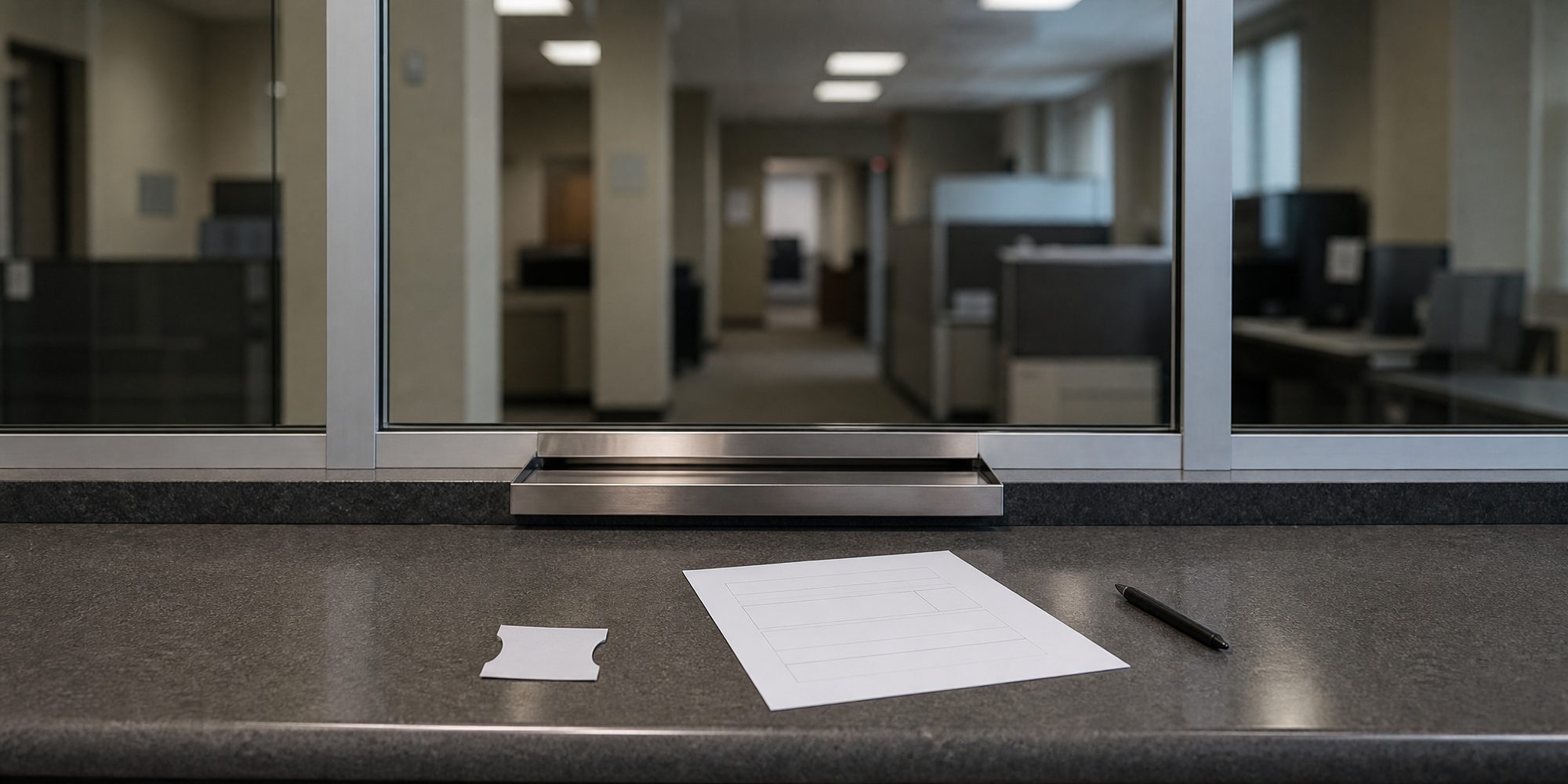 Photo illustration: stylized photographic still life, flat fluorescent office light — a blank public-records counter seen straight on, a paper queue ticket face-down beside an unfilled application form and a pen, no readable type, no names, no dates, no people, no agency seals or logos
