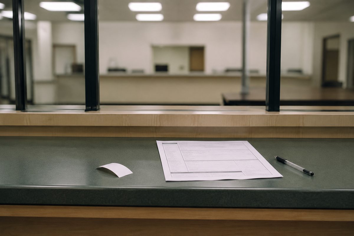 Photo illustration: stylized photographic still life, flat fluorescent office light — a blank public-records counter seen straight on, a paper queue ticket face-down beside an unfilled application form and a pen, no readable type, no names, no dates, no people, no agency seals or logos