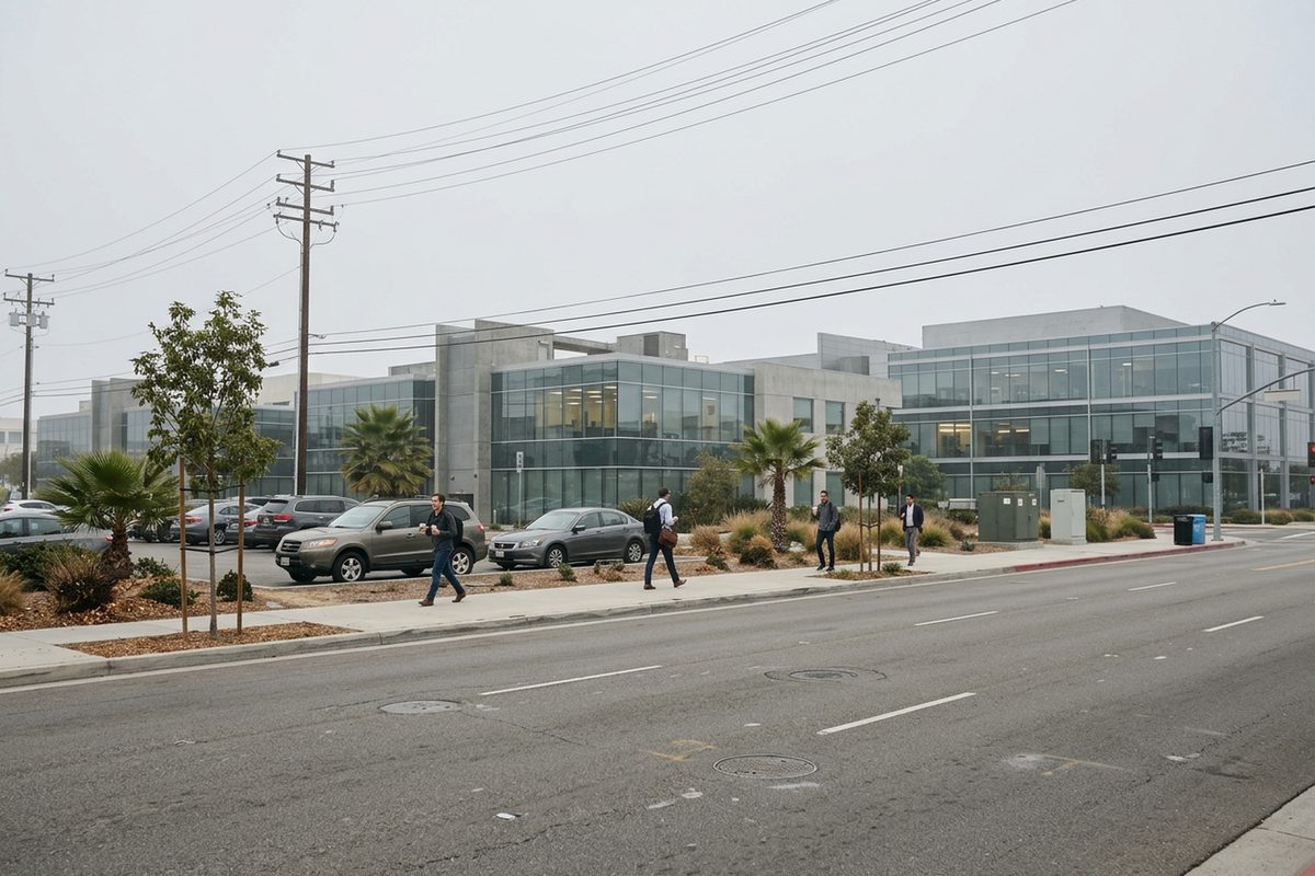 Photo illustration of low glass office buildings on an overcast day.