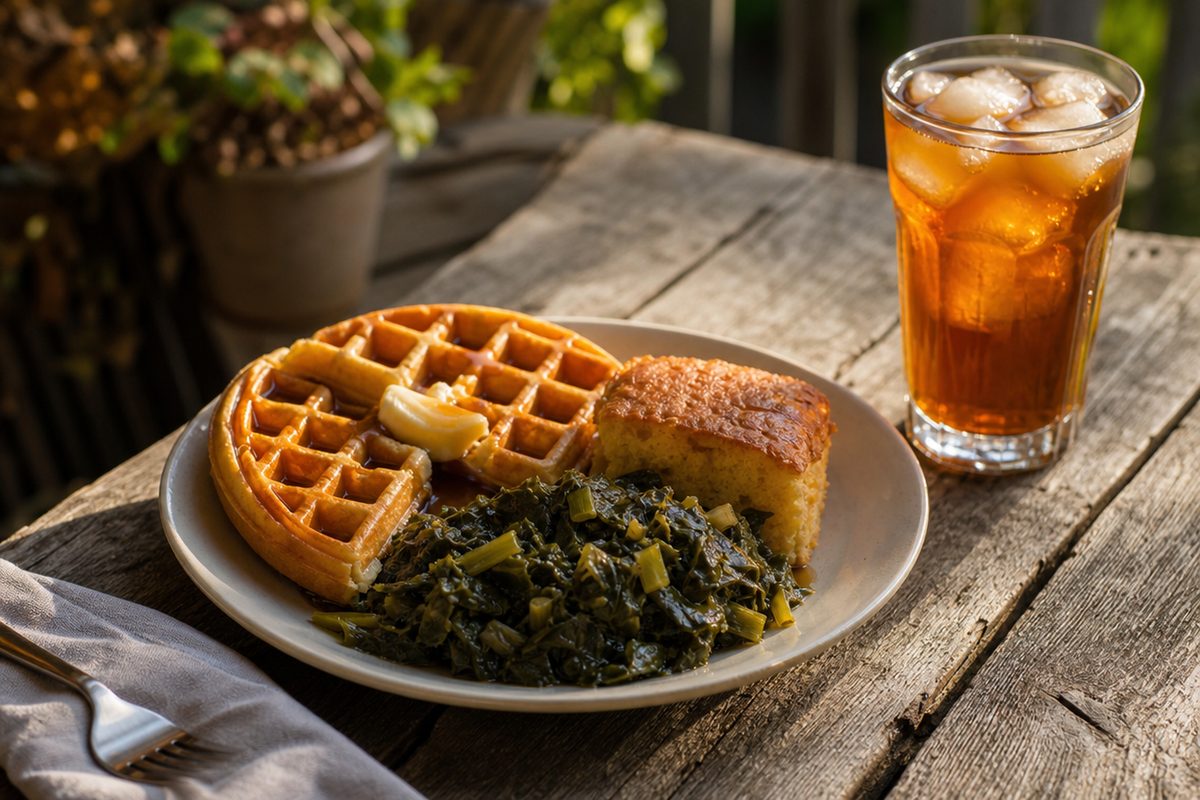 A plate of waffles, collard greens and cornbread photographed at an angle on a weathered outdoor table in late-afternoon light.